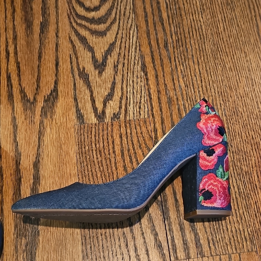 Embroidered Denim Block Heel Pumps
